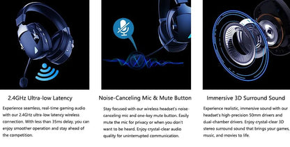 Auscultadores Gaming com Microfone Destacável com Cancelamento de Ruído – 3 Modos: Bluetooth 5.3 Sem Fios, 2.4G USB e Ligação com Fio 3.5mm, com Drivers de 50mm