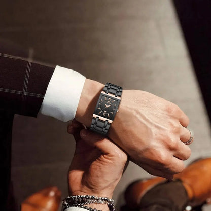 Men Business Watch Simple Design Luxury Fashion Rectangular Black Gold Stainless Steel Calendar Waterproof Quartz Men's Watches