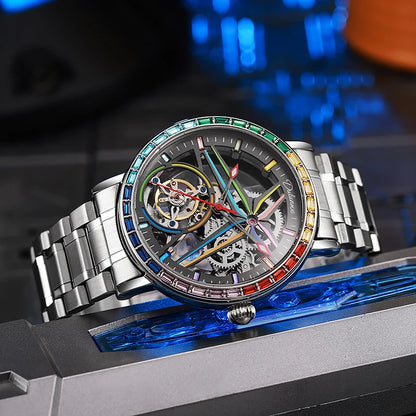 Muški sat sa skeletnim dizajnom, modnog stila, postavljen dragog kamenjem u duginim bojama i s tourbillon mehanizmom; luksuzni automatski mehanički sat, vodootporan do 30 metara.