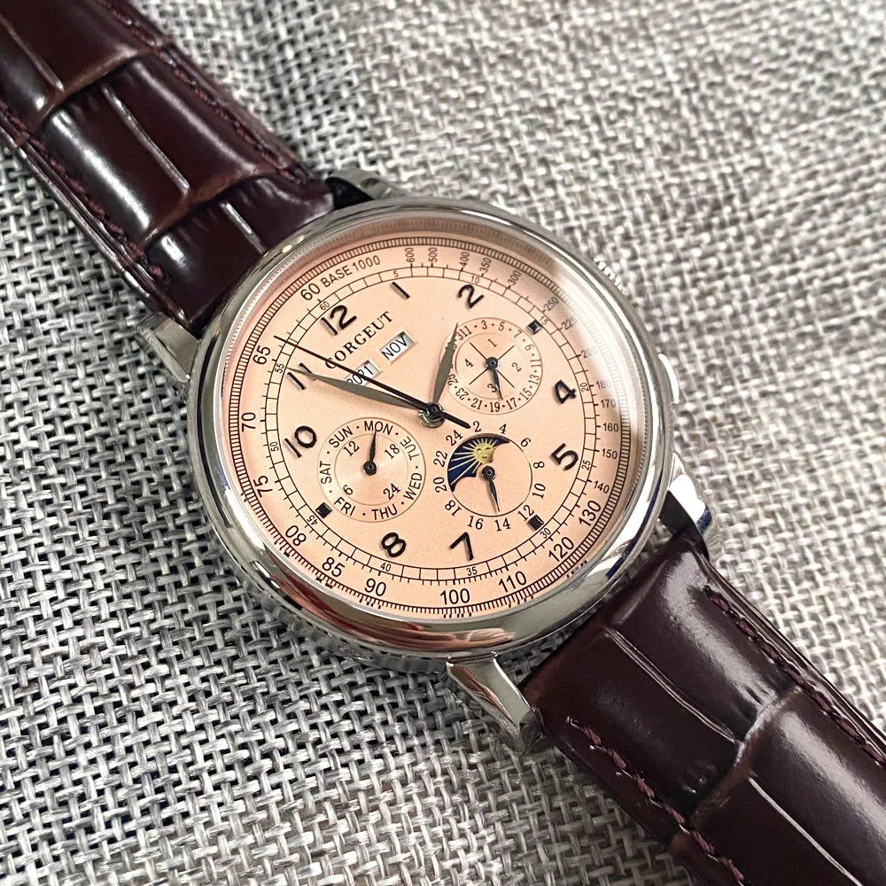 Orologio automatico da uomo Multification con data, giorno, mese e anno, orologio meccanico da uomo in 316L, cassa lucidata, indicatore giorno/notte, 42mm