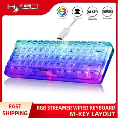 Teclado Gaming Transparente com Fio HXSJ 60%, Retroiluminação RGB, Ultra-Compacto, Impermeável, Teclado Compacto Pequeno de 61 Teclas para PC/Mac