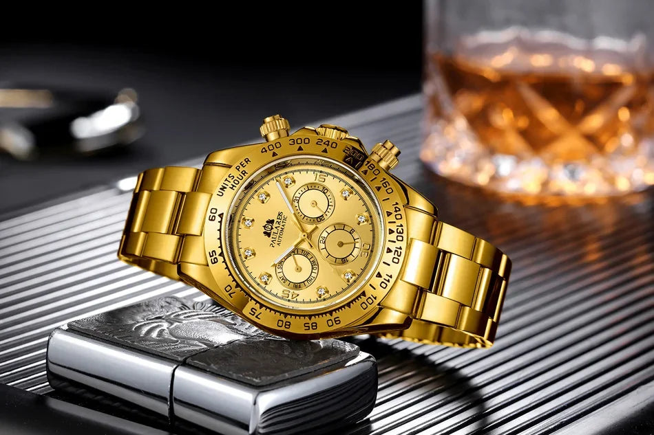 Automatic Mens Watch Mechanical Self Wind Movement Gold Black Stainless Steel Diamonds Stone Sports Luxury Fashion Watches