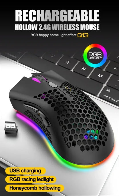 BM600 Wireless Gaming Mouse USB 2.4GHz Rechargeable RGB Wireless Mouse, Ergonomic Honeycomb Optical Mouse for PC, Laptop & Office