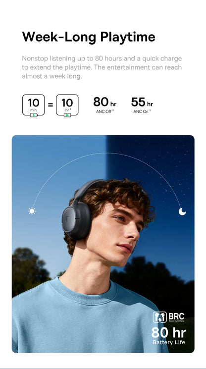 Casque sans fil Baseus ANC, écouteurs supra-auriculaires 80H, réduction de bruit à 95%, casque Bluetooth 6.0