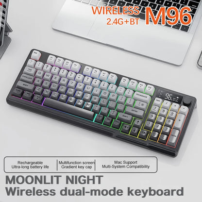 Teclado Bluetooth Sem Fios M96 FREEWOLF com Ecrã Gaming, Ecrã Eletrónico, Ligação a Vários Dispositivos, Ergonomia Gaming