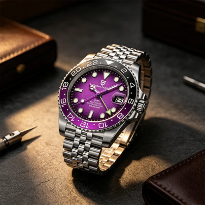 Montre mécanique pour homme PAGANI DESIGN (40 mm) – Cadran violet, fonction GMT, bracelet type Jubilee, verre saphir, étanche, mouvement automatique