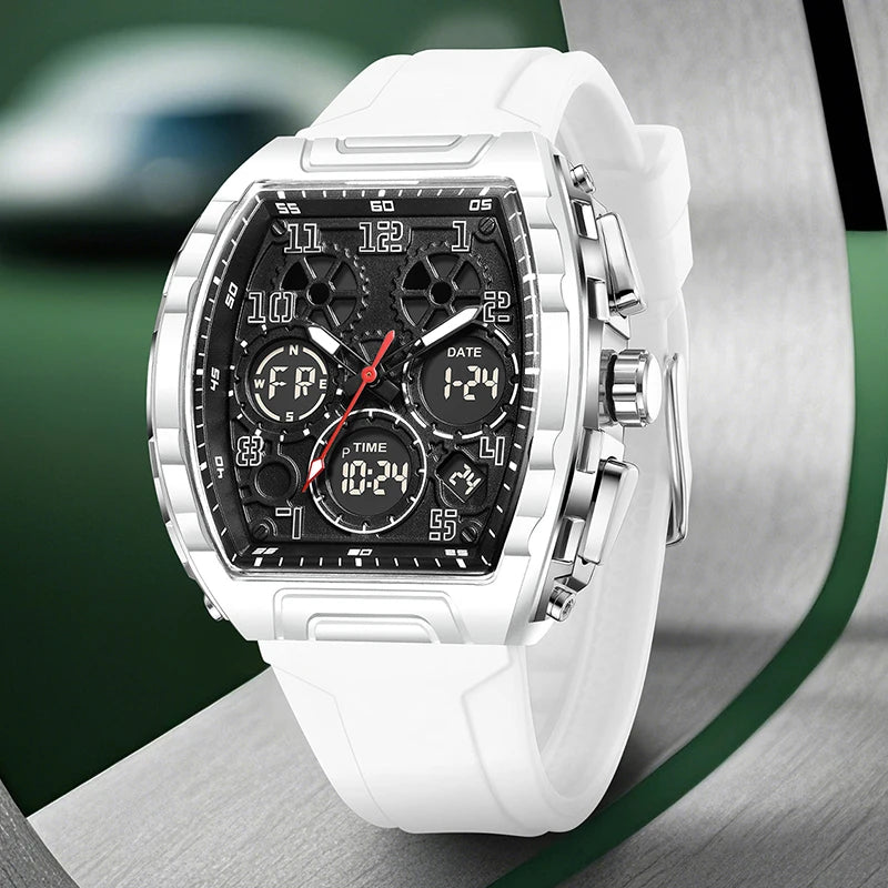 FOXBOX Men Watch Luminous White Silicone Waterproof Quartz Watch For Men Fashion Analog Digital Alarm Chronograph Montre Homme