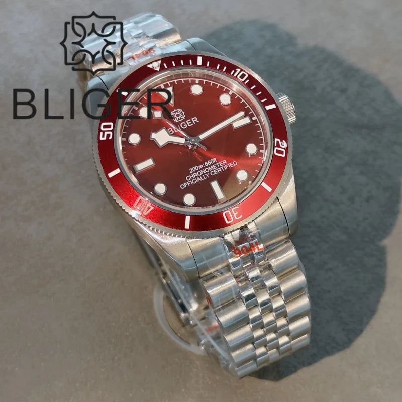 BLIGER 39mm Classic Wine Red Diver Watch For Men NH35 Mechanical Domed Sapphire Glass100m Waterproof Super Luminous Reloj Hombre