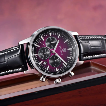 Benyar luxe herenhorloge – Chronograaf met datum, leren band, waterdicht, lichtgevend, sportieve en militaire stijl, quartzhorloge