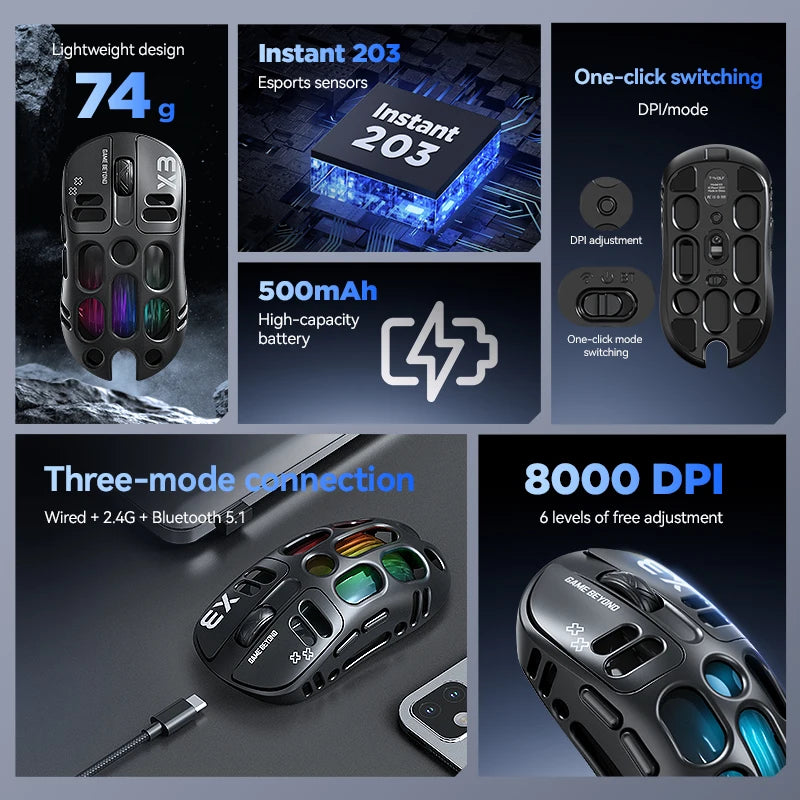 3-Mode Wireless Gaming Mouse with RGB Lighting, Lightweight Bluetooth Mouse, Rechargeable Esports Mouse for PC, Laptop & Gaming