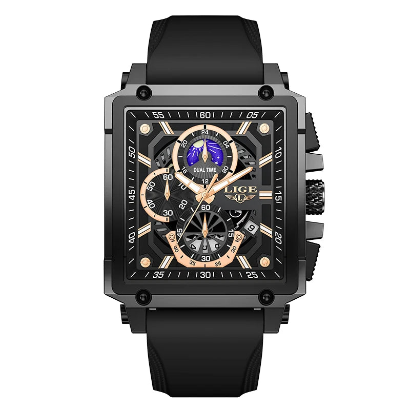 New LIGE Mens Watches Top Brand Luxury Hollow Square Sport Watch For Men Fashion Silicone Strap Waterproof Quartz WristWatch+Box