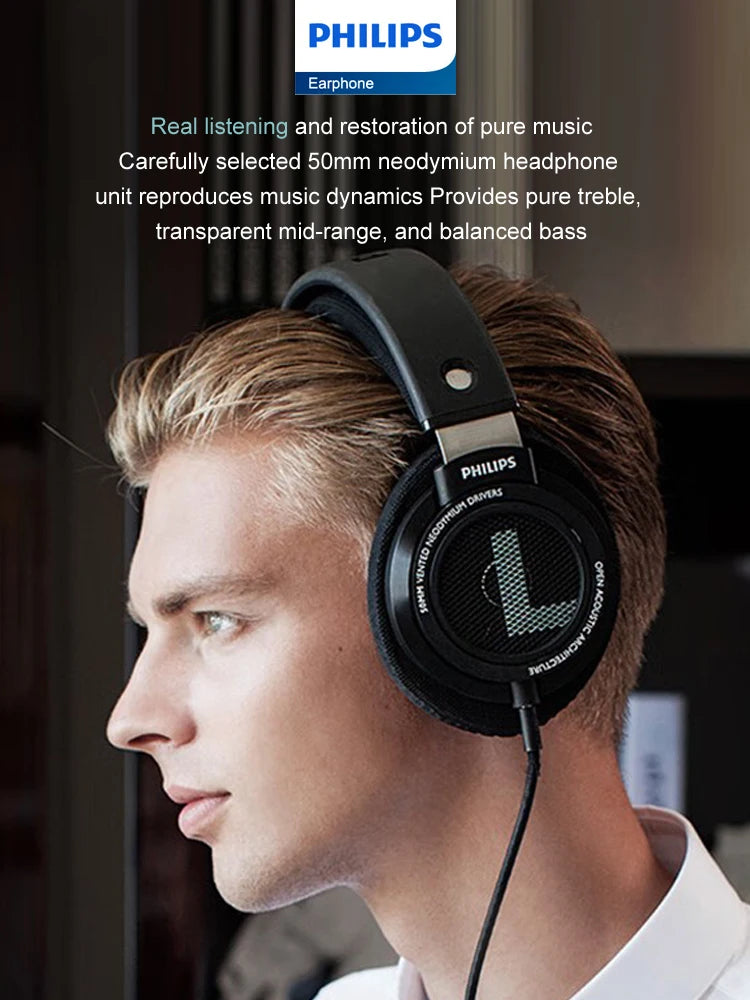 Philips SHP9500 HiFi Stereo Wired Headphones, 50mm Dynamic Driver Open-Back Headset for Gaming, Music, Study & Professional Audio