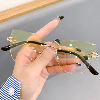KLASSNUM Vintage Rimless Sunglasses Women Men Cat Eye Gradient Lens Sun Glasses UV400 Shades Protection Goggles for Party Xmas