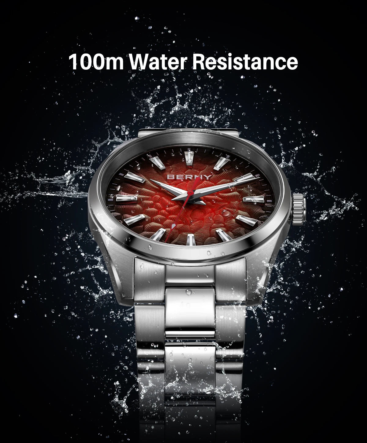BERNY Men's Watch 10ATM Sapphire Luminous Fashion Quart Watches Full Stainless Steel Classic Dress Business Wristwatch