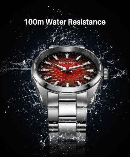 BERNY Men's Watch 10ATM Sapphire Luminous Fashion Quart Watches Full Stainless Steel Classic Dress Business Wristwatch