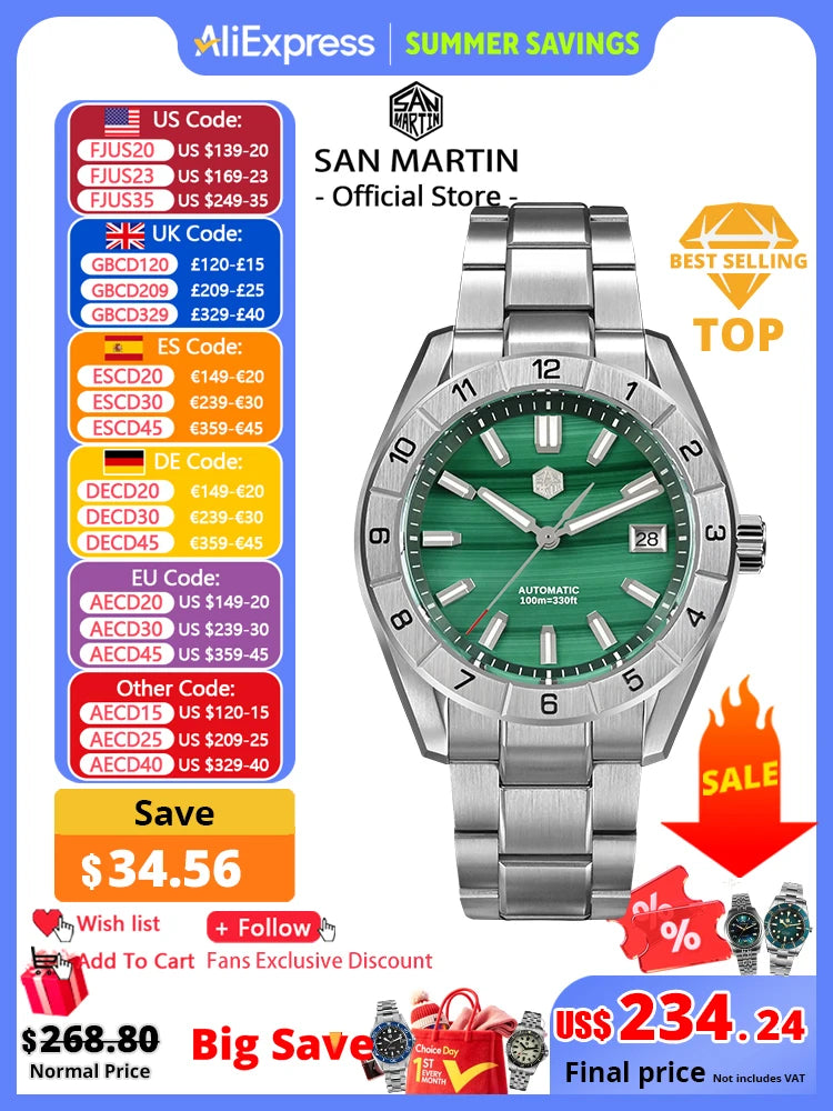 San Martin New 42mm Peacock Gemstone Dial NH35 Luxury Men Watch Automatic Mechanical Sapphire 100M Waterproof Luminous SN0130