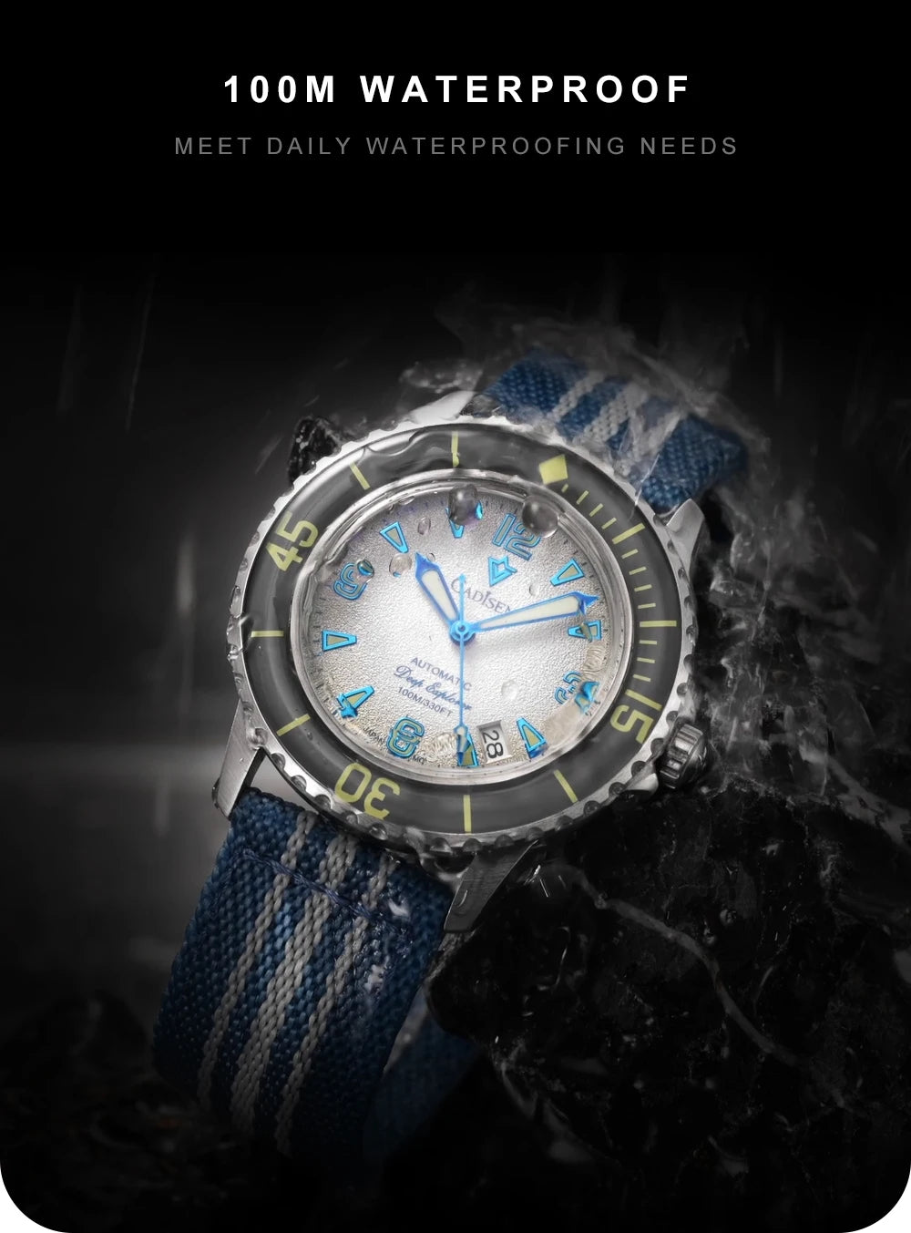 CADISEN Deep Explorer 2025 New Automatic Mechanical Watch Man Canvas Strap Wristwatch 8215 Luxury Luminous Waterproof Watches