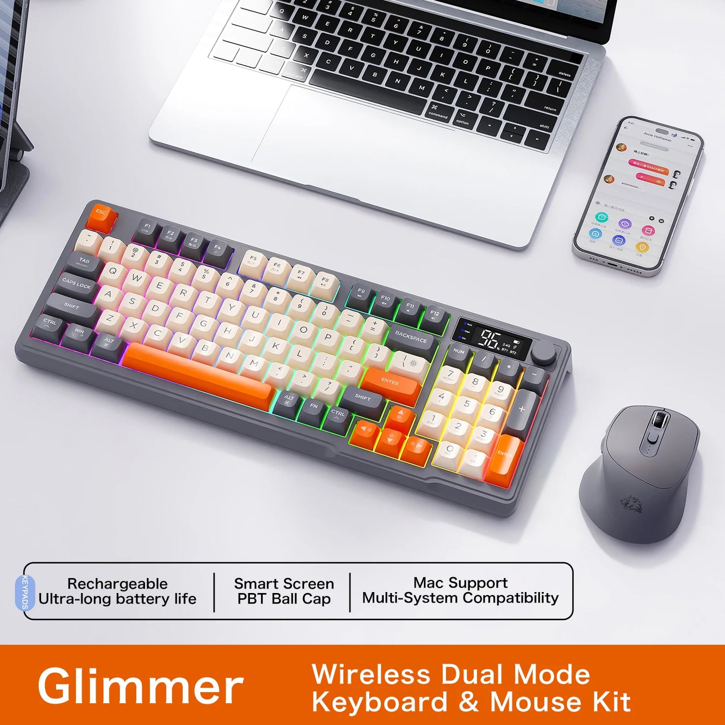 Teclado Bluetooth Sem Fios M96 FREEWOLF com Ecrã Gaming, Ecrã Eletrónico, Ligação a Vários Dispositivos, Ergonomia Gaming