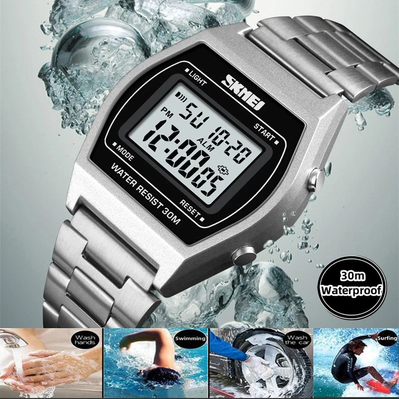 Skmei Unisex Digital Sport's Watches Stainless Steel Strap Led Waterproof 12/24 Hour Format Electronic Alarm Clock