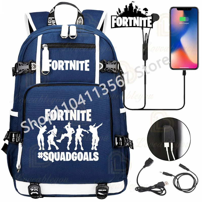 Yule Trooper F-Fortnited Battle Royale Backpack with USB Charging Anime Figures Study Stationery Compartment Students Mochila