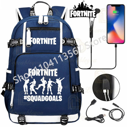 Yule Trooper F-Fortnited Battle Royale Backpack with USB Charging Anime Figures Study Stationery Compartment Students Mochila