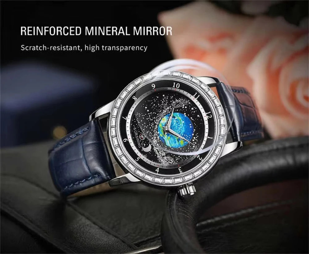 FORSINING Luxury Mens Automatic Mechanical Watch,Earth Star Moon Starry Milky Way Rhinestone Dial Leather Strap,3ATM Waterproof