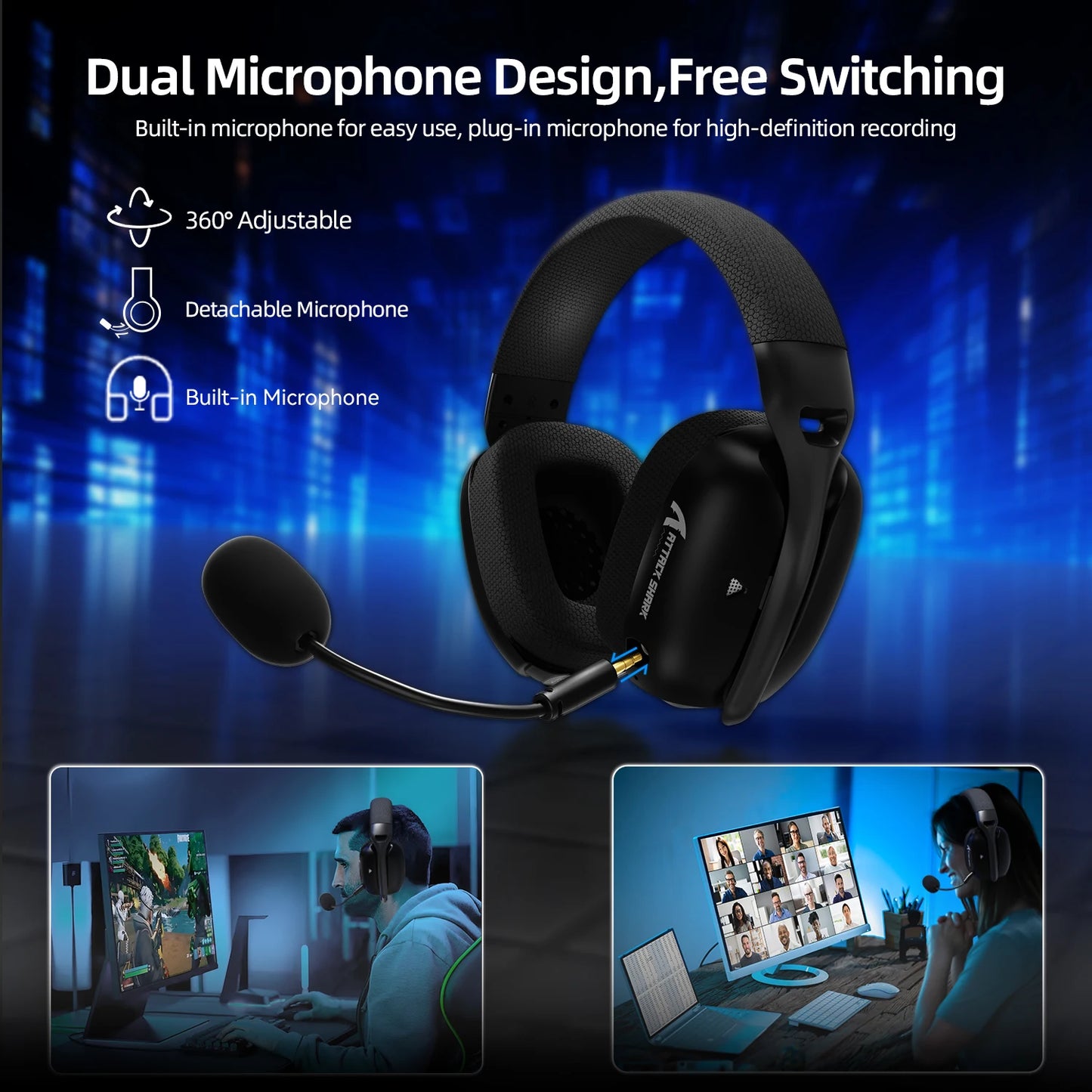 ATTACK SHARK L80PRO Auscultadores Gaming 3 em 1 – Auscultadores Bluetooth sem fios de baixa latência com microfone duplo, som Hi-Fi 40mm e ligação estável para gaming