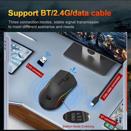 Mouse gaming REDRAGON DEICIDE M816 PRO RGB USB con supporto Bluetooth 2.4G wireless, 26000 DPI, 6 pulsanti per gamer, mouse cablato per computer