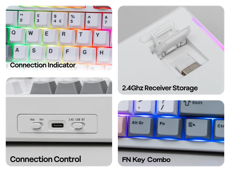 Teclado mecânico EPOMAKER TH87 TKL com layout ISO-UK, ligação com fio/BT/2.4Ghz sem fios, NKRO, bateria de 10000mAh e iluminação RGB