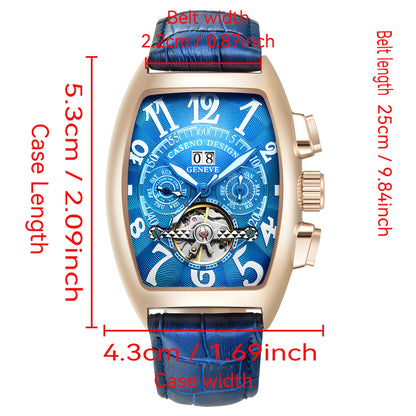 CASENO Top Luxury Brand Men's Fully Automatic Mechanical Tourbillon Watch Calendar Night Glow Tonneau Skeleton Watch -577G