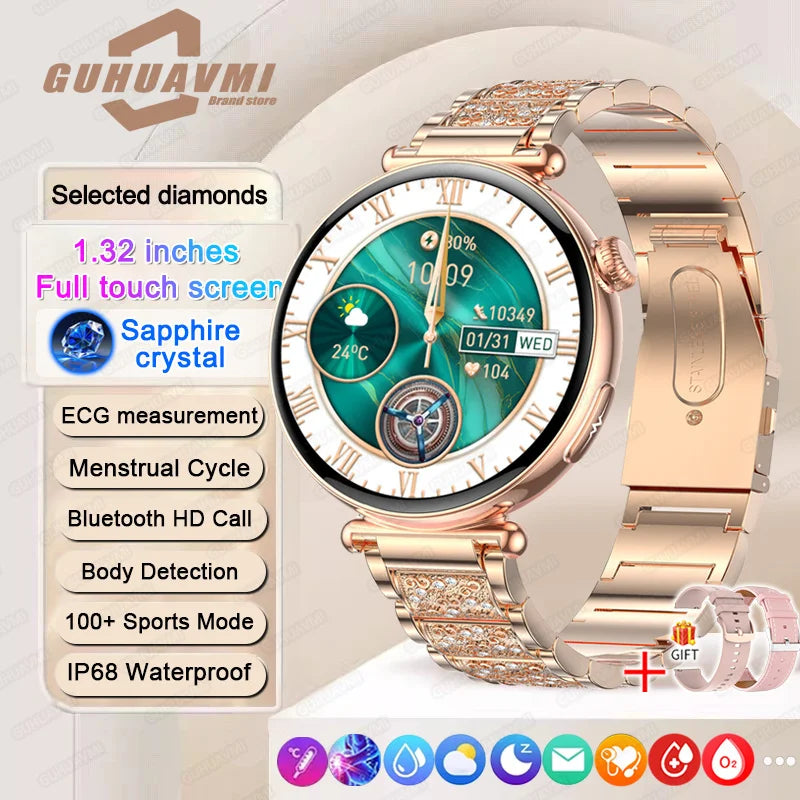 New 1.32inch Smart Watch For Women Health ECG Health Lady Watches Full Touch Screen Call Custom Dial Diamond Strap Smartwatch