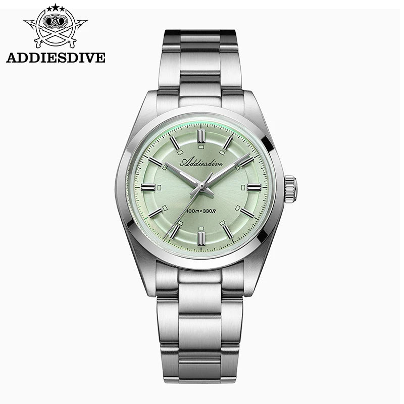 ADDIESDIVE – Prabangus analoginis vyriškas laikrodis, kvarcinis mechanizmas VH31, išgaubtas stiklas, atsparumas vandeniui iki 10 barų, švytinti danga BGW9, plieninis korpusas – Individualizuojamas modelis AD2515