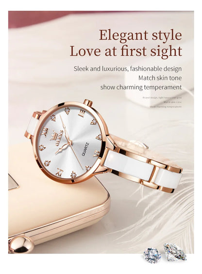 OLEVS 5872 Luxury Women's Watches Elegant Fashion Ceramic strip Waterproof Japan Imports Quartz Watch Dress Lady Watch Simple