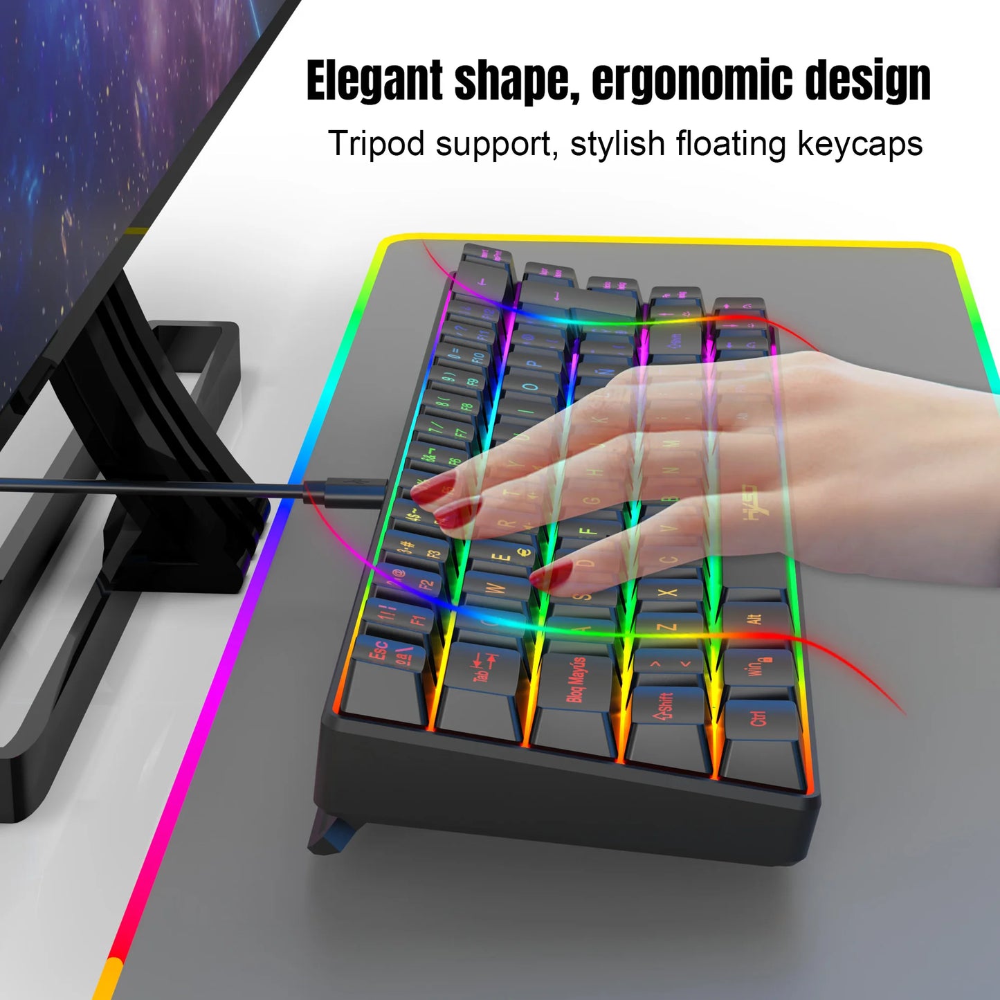 Promoção imperdível! Teclado gaming com fios espanhol de 69 teclas, retroiluminação RGB e design compacto 68%, um acessório indispensável para profissionais de escritório e gamers