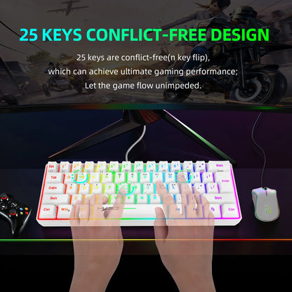 Novo mini teclado gaming com fios, teclado de membrana fino de 61 teclas, brilho RGB tátil e várias combinações de teclas rápidas, adequado para gaming e escritório