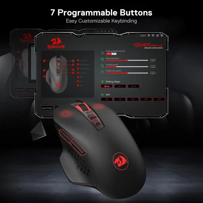 Redragon M656 Gainer Wireless Gaming Mouse, 4000 DPI 2.4GHz Wireless Gaming Mouse with 7 Programmable Buttons, 5 DPI Levels & Red LED Backlight