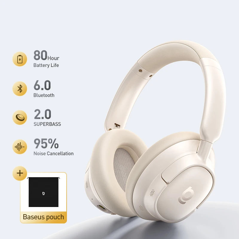 Casque sans fil Baseus ANC, écouteurs supra-auriculaires 80H, réduction de bruit à 95%, casque Bluetooth 6.0