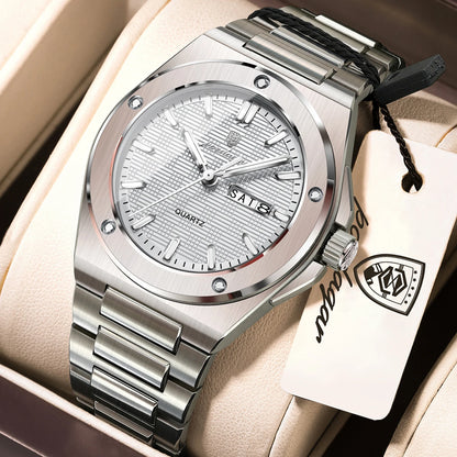 POEDAGAR Business Men Clock Date Week Stainless Steel Luxury Man Wristwatch Waterproof Luminous Sport Quartz Men's Watches Reloj
