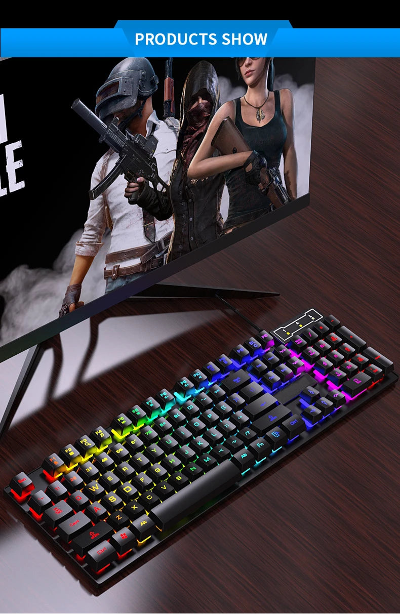 Conjunto de teclado com fios de 104 teclas com retroiluminação RGB e efeito de respiração, teclado gaming ergonómico e rato para computador, portátil, gamer e escritório