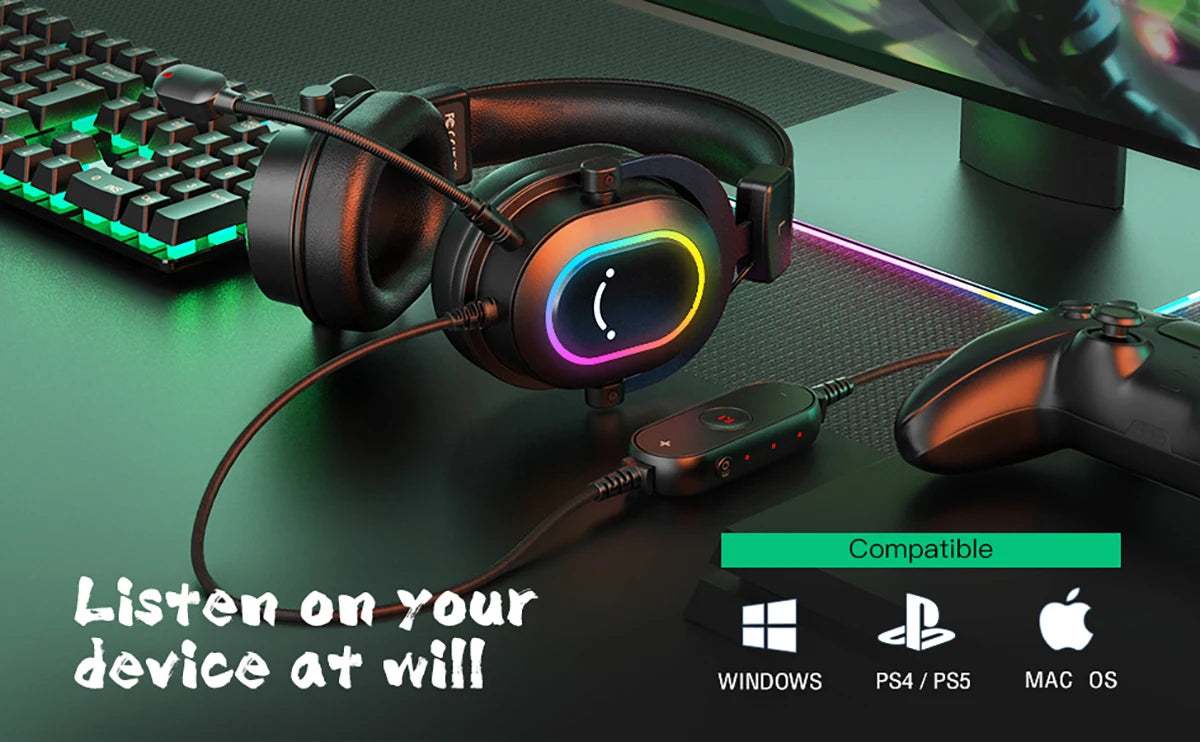 FIFINE RGB Gaming Headset with Mic – 7.1 Surround Sound Over-Ear Wired Headphones for PC, PS4 & PS5 with 3 EQ Modes