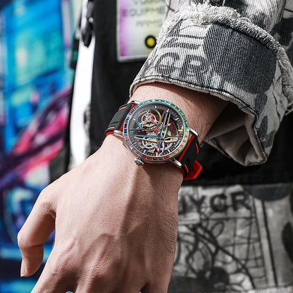 Muški sat sa skeletnim dizajnom, modnog stila, postavljen dragog kamenjem u duginim bojama i s tourbillon mehanizmom; luksuzni automatski mehanički sat, vodootporan do 30 metara.