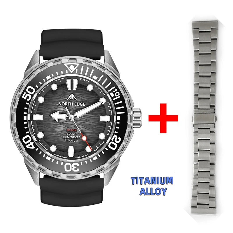 NORTH EDGE 2025 NEW+ TRITON-TI Titanium Solar-Powered Diving Watch Luxury Quartz Watches for Men 300M Waterproof 180+ Day Power