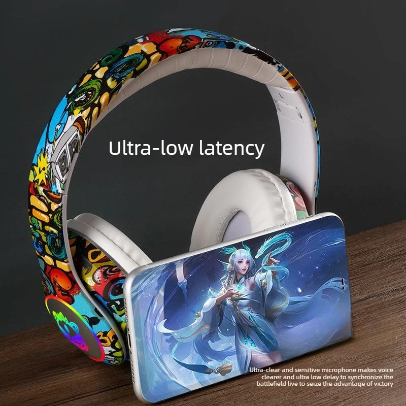 Auscultadores Gaming Bluetooth Sem Fios New Graffiti LX-8686 com Microfone, Iluminação LED, Suporte para Cartão TF, Graves Profundos e Design Over-Ear para PC, Gaming e Crianças