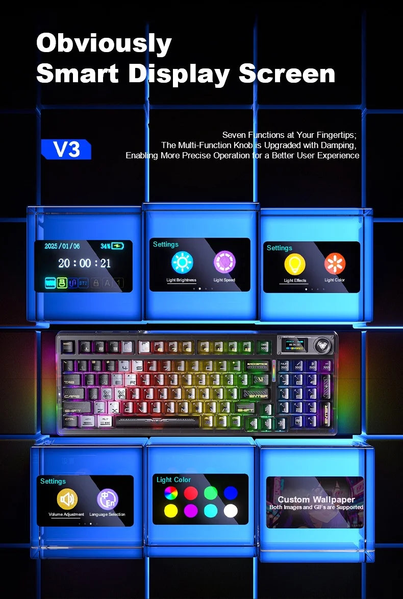 AULA F98Pro V3 Mechanical Keyboard 3-mode Wireless Bluetooth Hot-swap E-sports Customized Transparent Keycaps RGB Game Keyboards