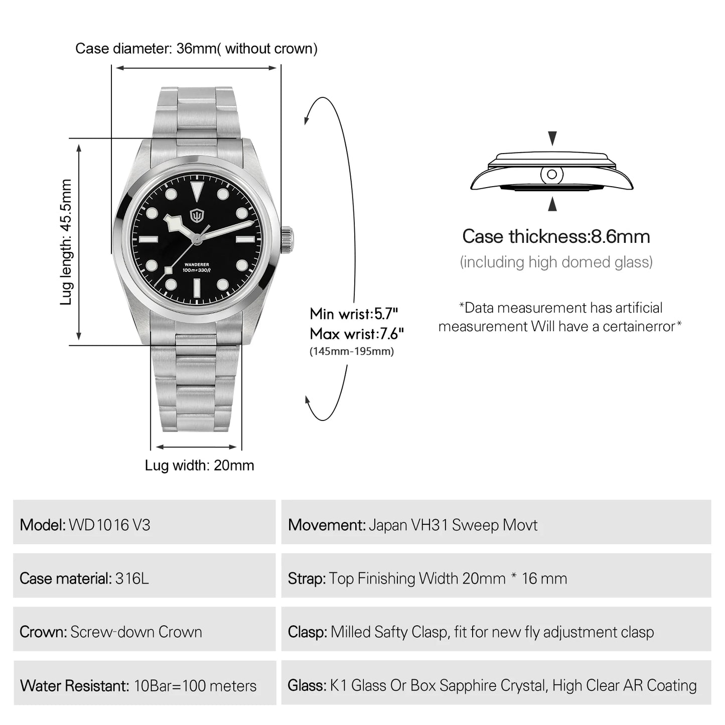 Watchdives WD1016 V3 Quartz Watch 37mm Stainless Steel Case Sapphire Vintage Watch  VH31 Sweep Movemet 100m Waterproof Men Watch