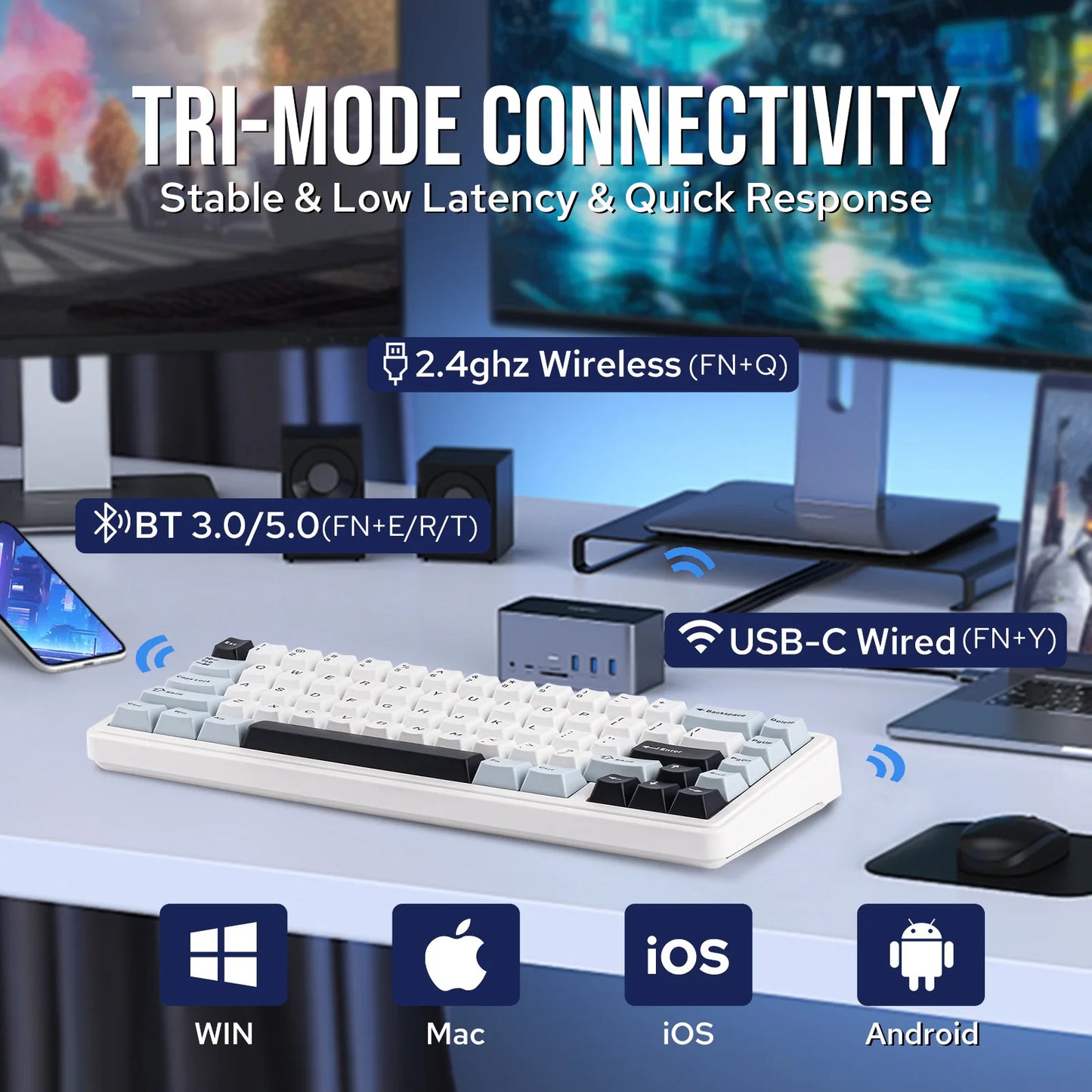 Teclado mecânico EPOMAKER x AULA F65 com layout 65%, hot-swap, montagem gasket e ligação com fios/Bluetooth/2.4G sem fios para Mac/Win