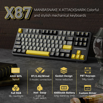 ATTACK SHARK X87 Wireless Mechanical Gaming Keyboard, Tri-Mode Bluetooth 5.0/2.4GHz/USB-C Hot Swappable Gasket Mechanical Keyboard with Pre-Lubed Switches