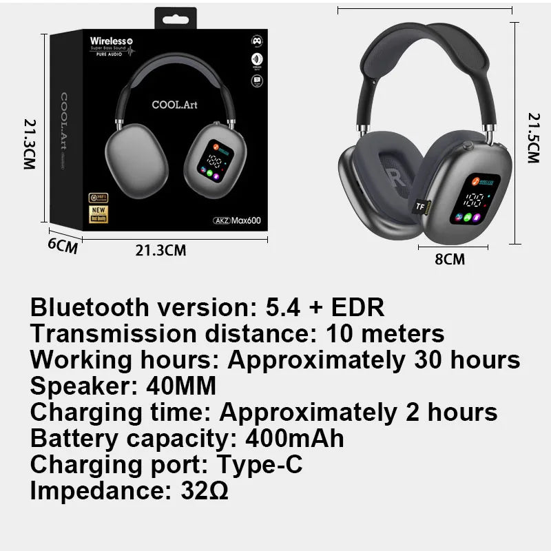 MAX600 Wireless Bluetooth 5.3 Head-Mounted Headset with Digital Display, Card Reader, Bone Conduction Neckband Headphones with Noise Cancelling