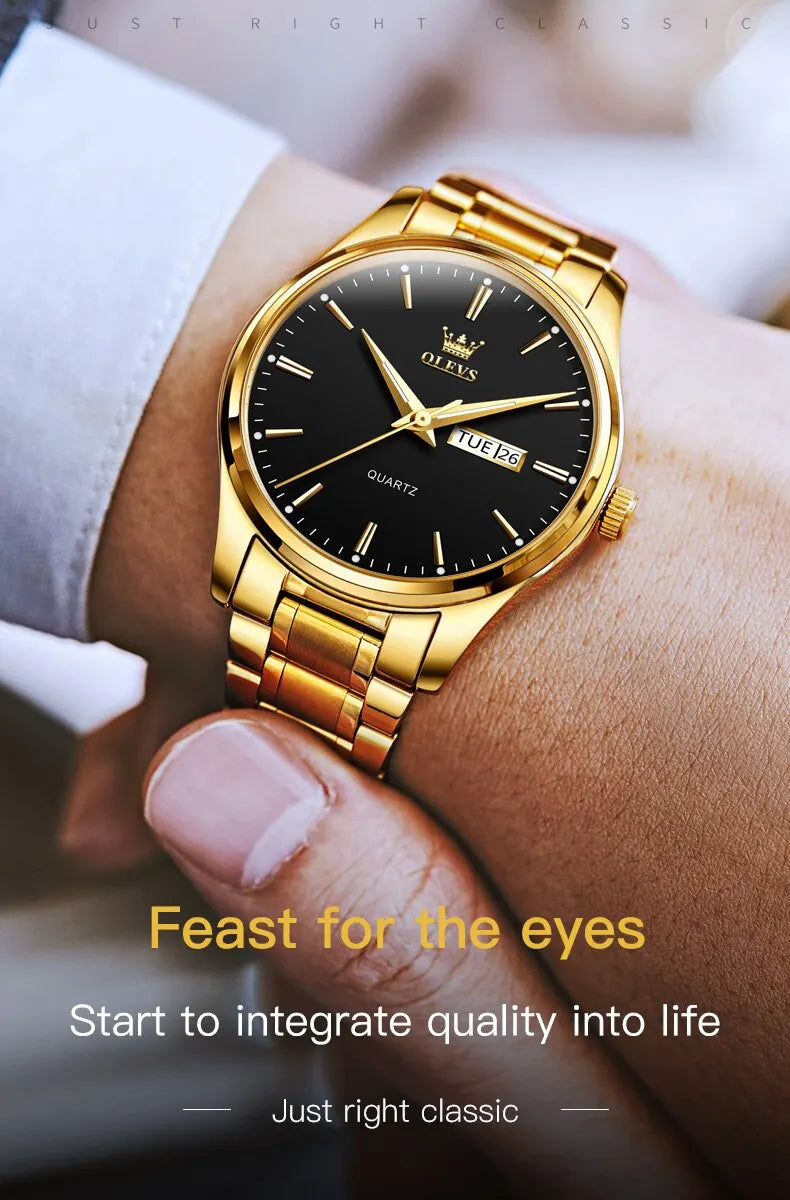 OLEVS Classic Gold Wrist Watches For Top Brand Luxury Business Date Waterproof Luminous Stainless Steel Men Quartz Wristwatch