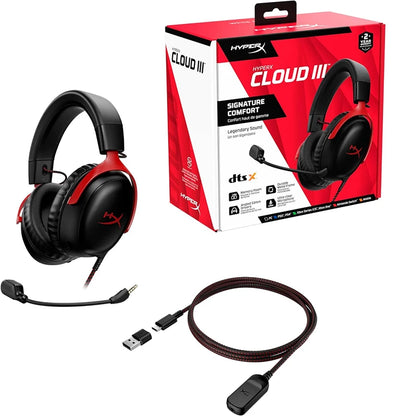 Auscultadores Gaming com Fio HyperX Cloud III com Áudio Espacial DTS X, Drivers de 53mm, Microfone com Cancelamento de Ruído – Auscultadores Gaming USB e 3.5mm para PC, PS5, Xbox e Switch